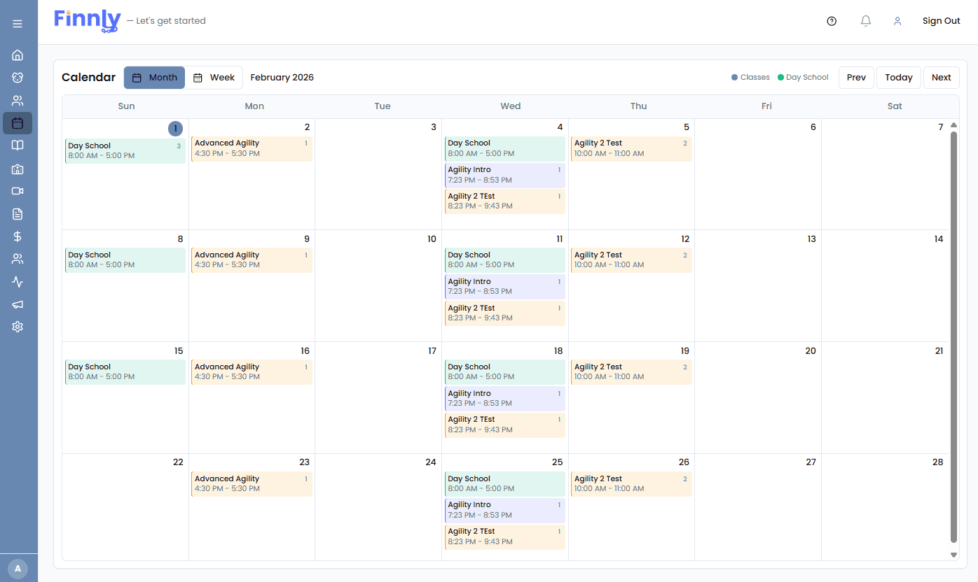 Finnly calendar showing scheduled classes and day school sessions