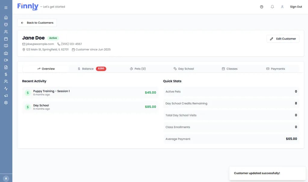 Finnly customer profile showing activity and stats