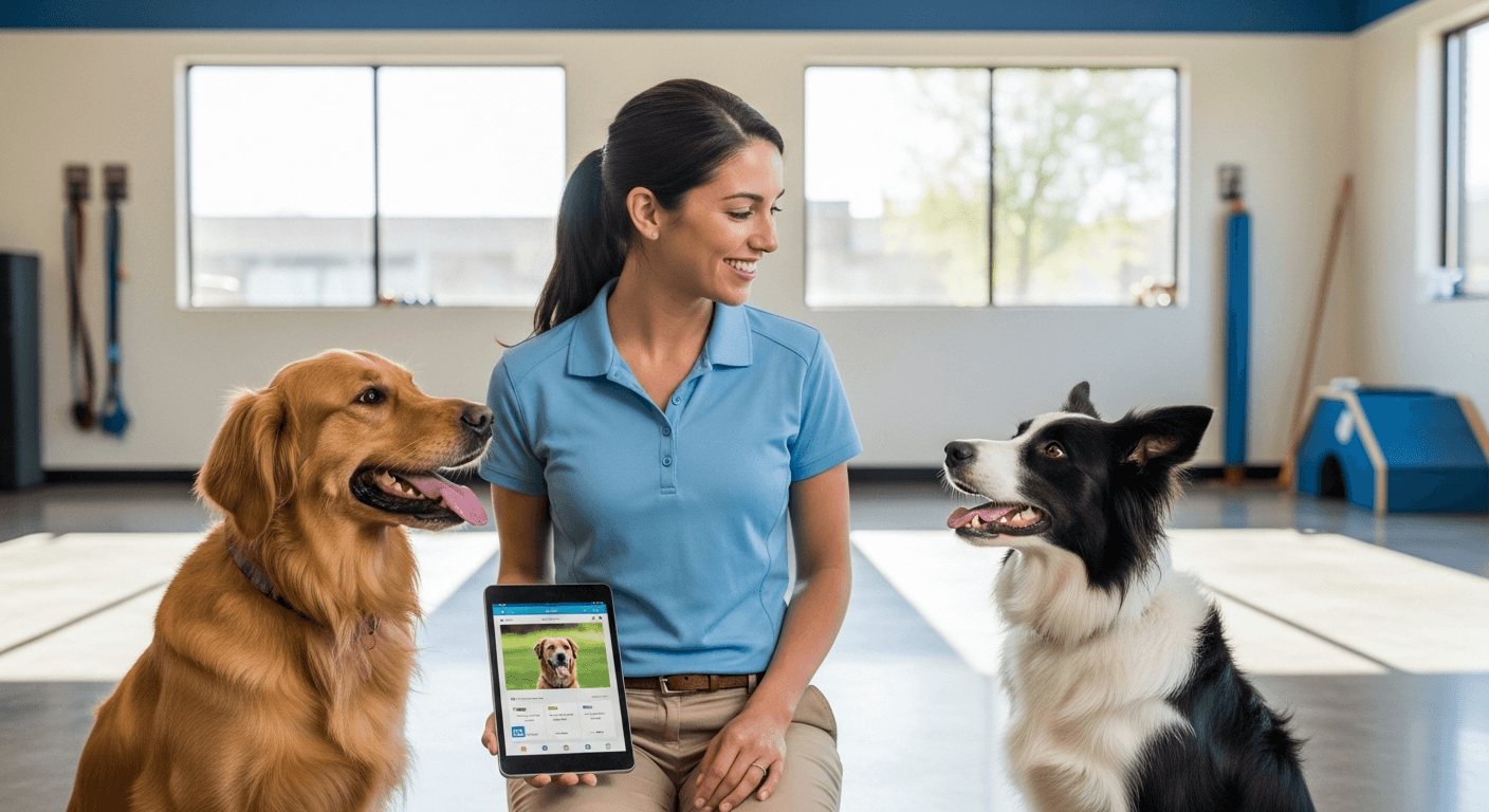 Professional dog trainer with happy dogs in modern facility